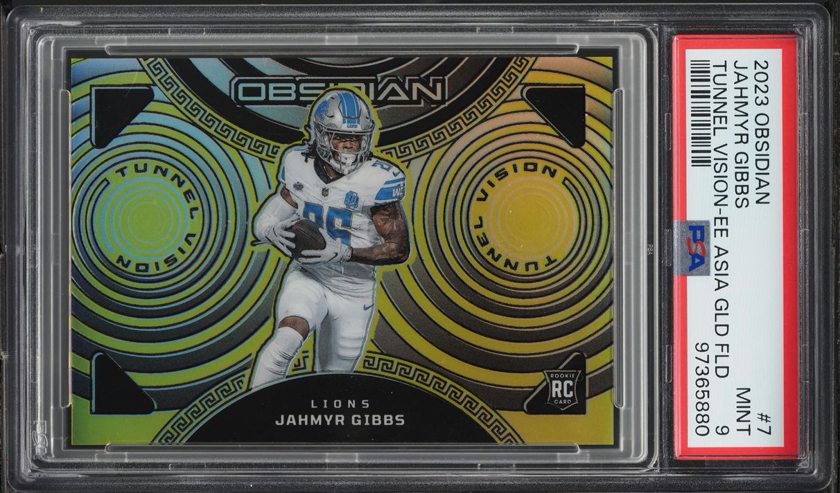 2023 Panini Obsidian Tunnel Vision EE Asia Gold Flood Jahmyr Gibbs RC 1/10 PSA 9