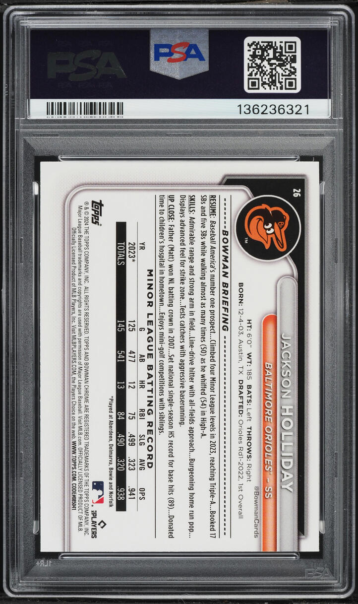 2024 Bowman Chrome Gold Refractor Jackson Holliday ROOKIE /50 #26 PSA 9 MINT
