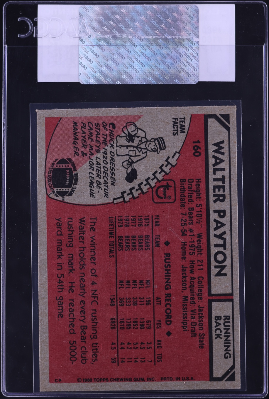 1980 Topps Football Walter Payton ALL-PRO #160 CGC AUTH