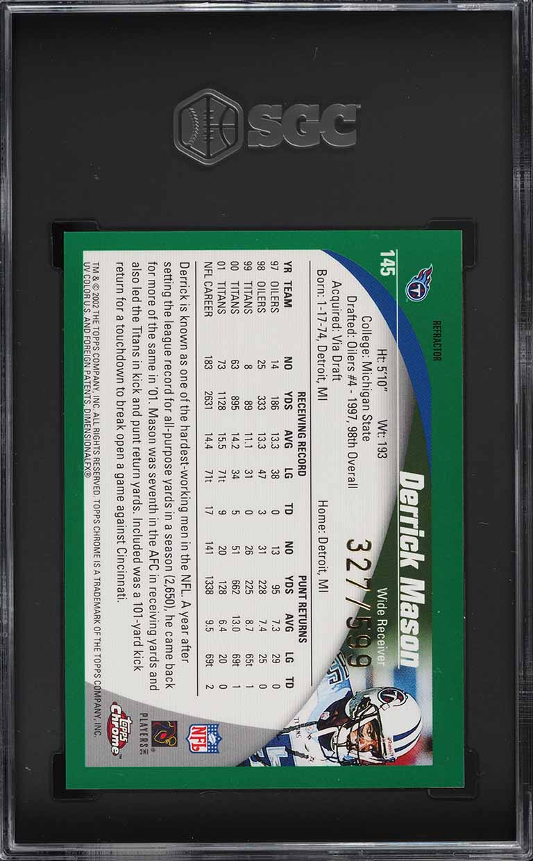 2002 Topps Chrome Black Refractor Derrick Mason /599 #145 SGC 9 MINT