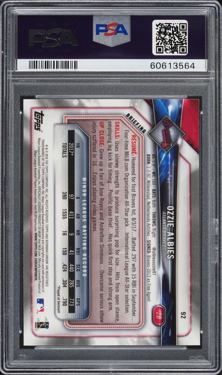 2018 Bowman Chrome Sunglasses Ozzie Albies ROOKIE #92 PSA 10 GEM MINT