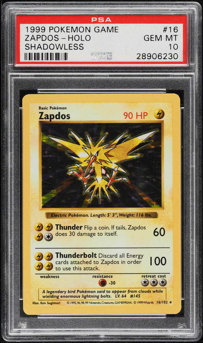 1999 Pokemon Base Set Shadowless Holo Zapdos #16 PSA 10 GEM MINT