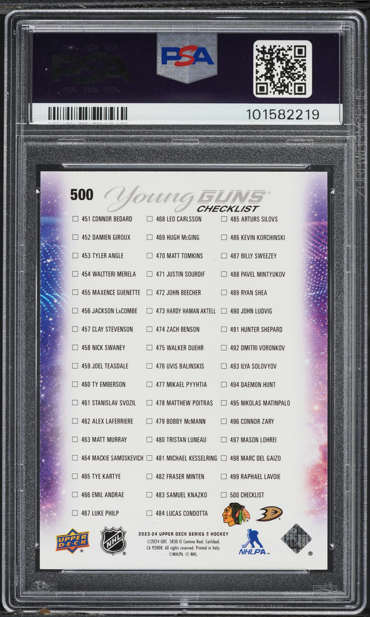 2023 Upper Deck Deluxe Young Guns Leo Carlsson Connor Bedard ROOKIE #500 PSA 8
