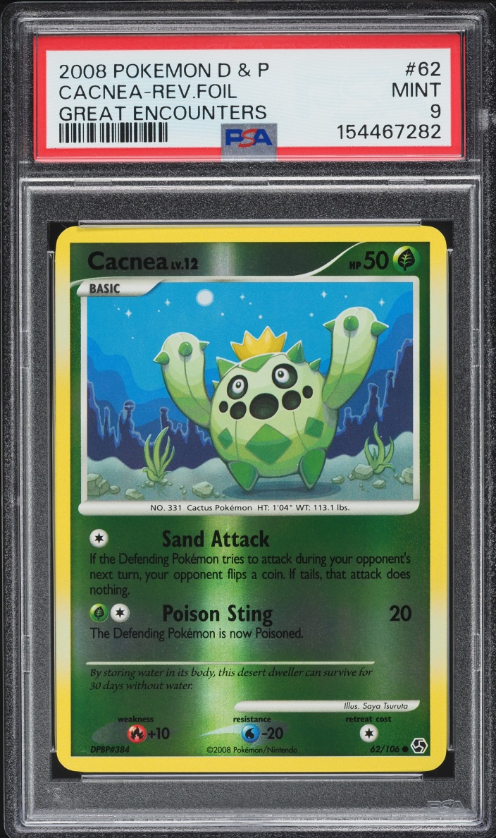 2008 Pokemon Diamond & Pearl Great Encounters Reverse Holo Cacnea #62 PSA 9 MINT