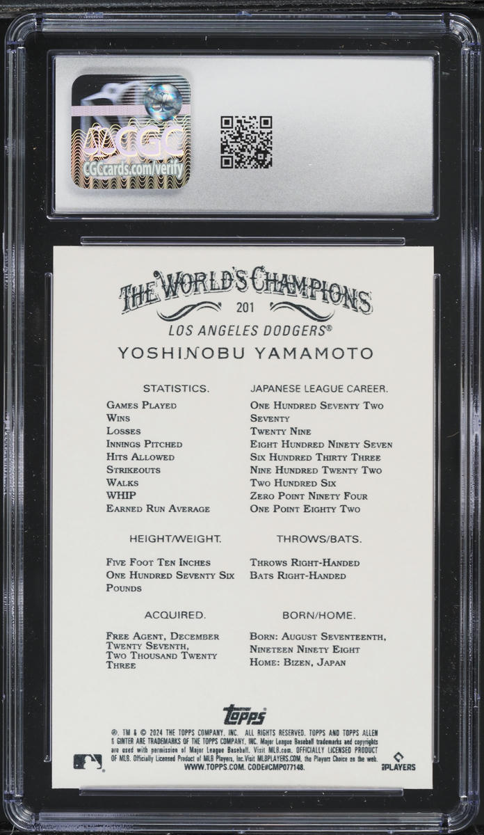 2024 Topps Allen & Ginter Yoshinobu Yamamoto ROOKIE #201 CGC 10 GEM MINT