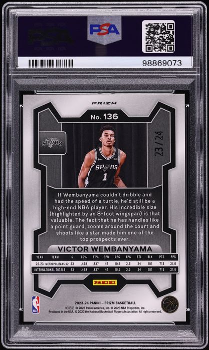 2023 Panini Prizm Gold Sparkle Victor Wembanyama ROOKIE /24 #136 PSA 10 GEM MINT