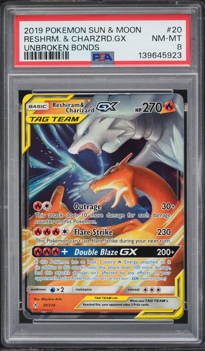 2019 Pokemon Sun & Moon Unbroken Bonds Reshiram & Charizard GX #20 PSA 8 NM-MT