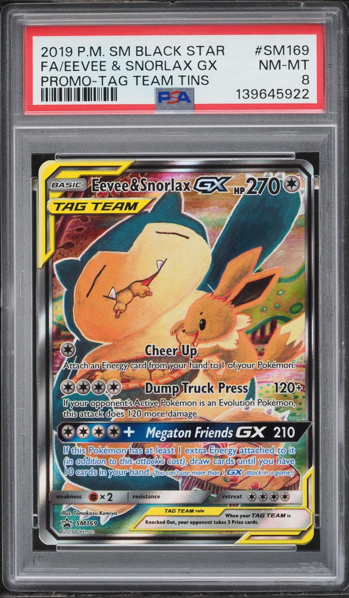 2019 Pokemon Sun & Moon Promo Tag Team Tins Full Art Eevee & Snorlax GX #SM169 PSA 8 NM-MT