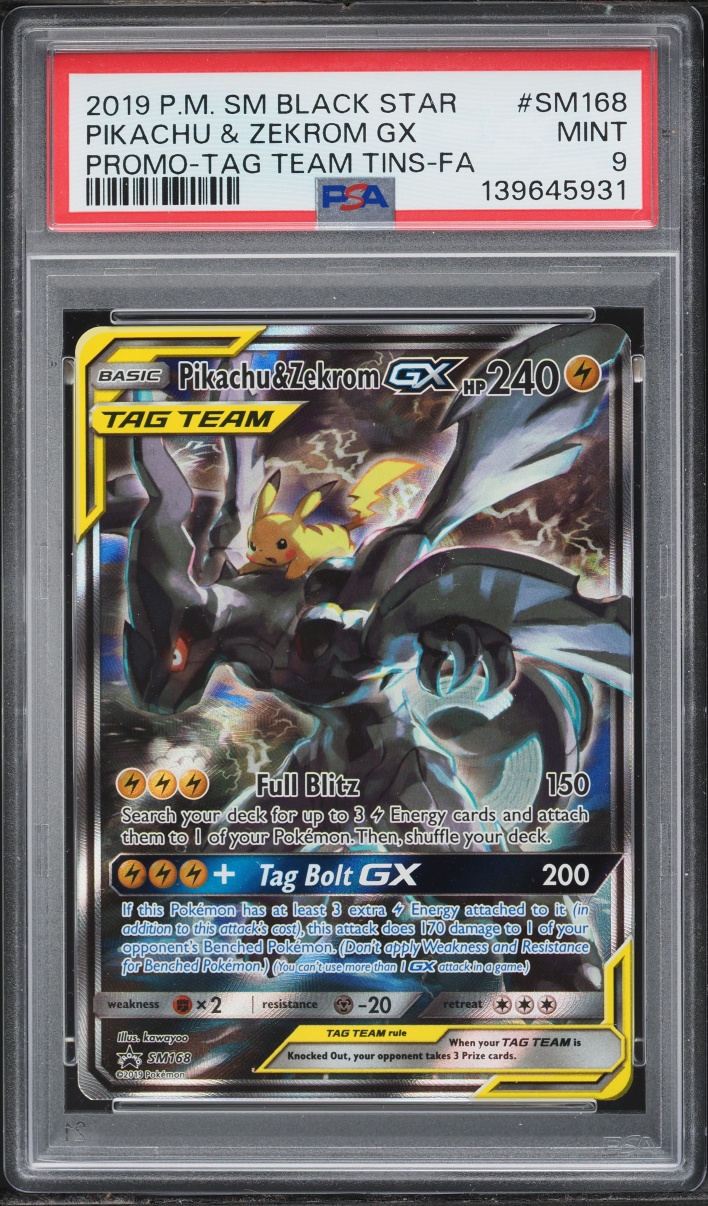 2019 Pokemon Sun & Moon Promo Tag Team Tins Full Art Pikachu & Zekrom GX #SM168 PSA 9 MINT