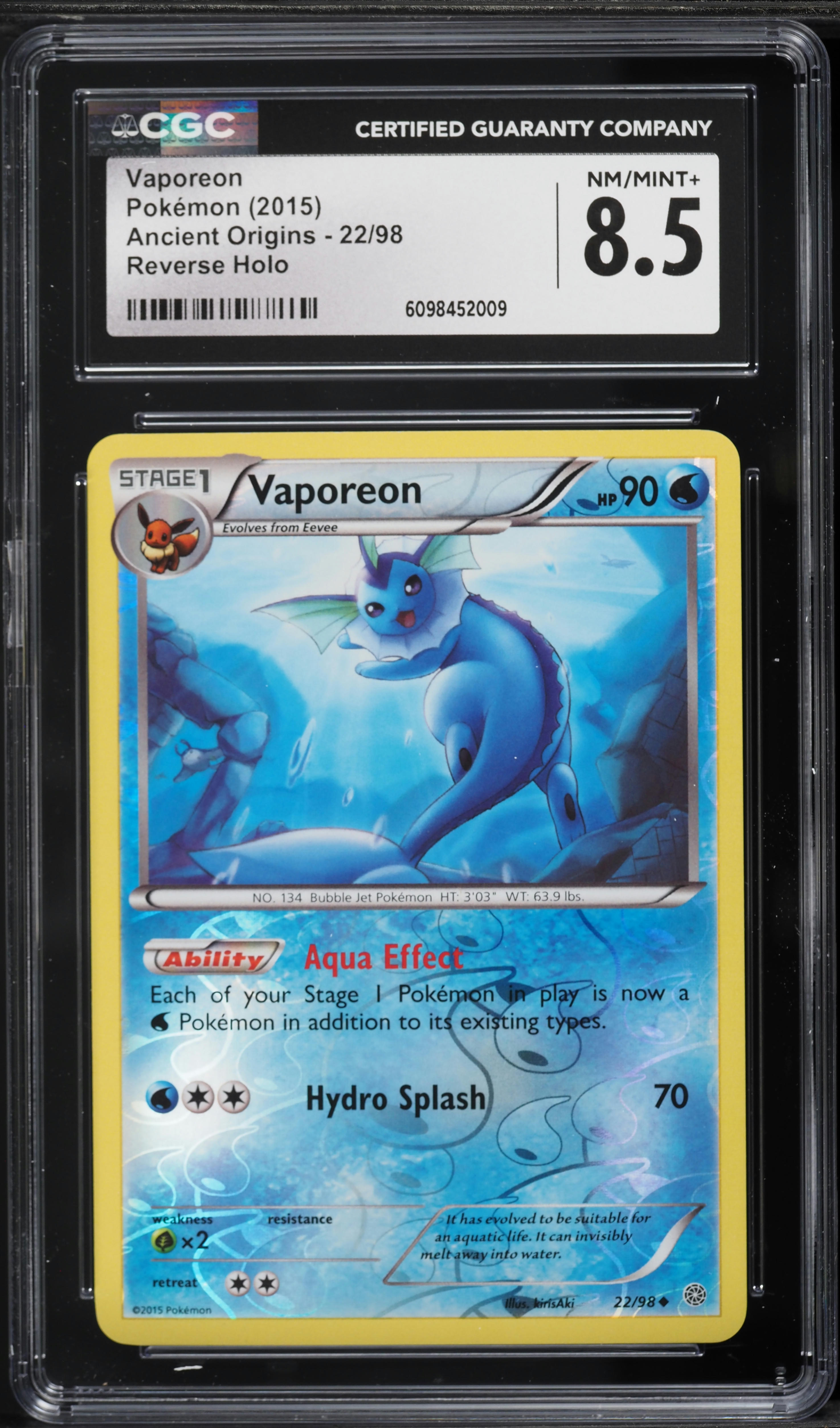 2015 Pokemon XY Ancient Origins Reverse Holo Vaporeon #22 CGC 8.5 NM-MT+