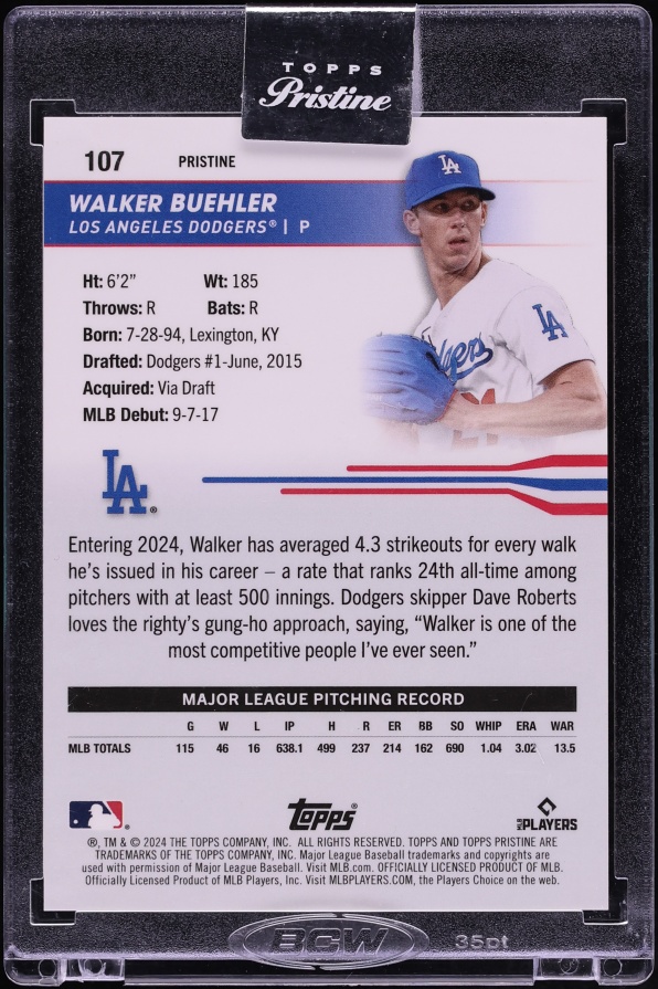 2024 Topps Pristine Pink Refractor Walker Buehler /15 #107 - Photo 2