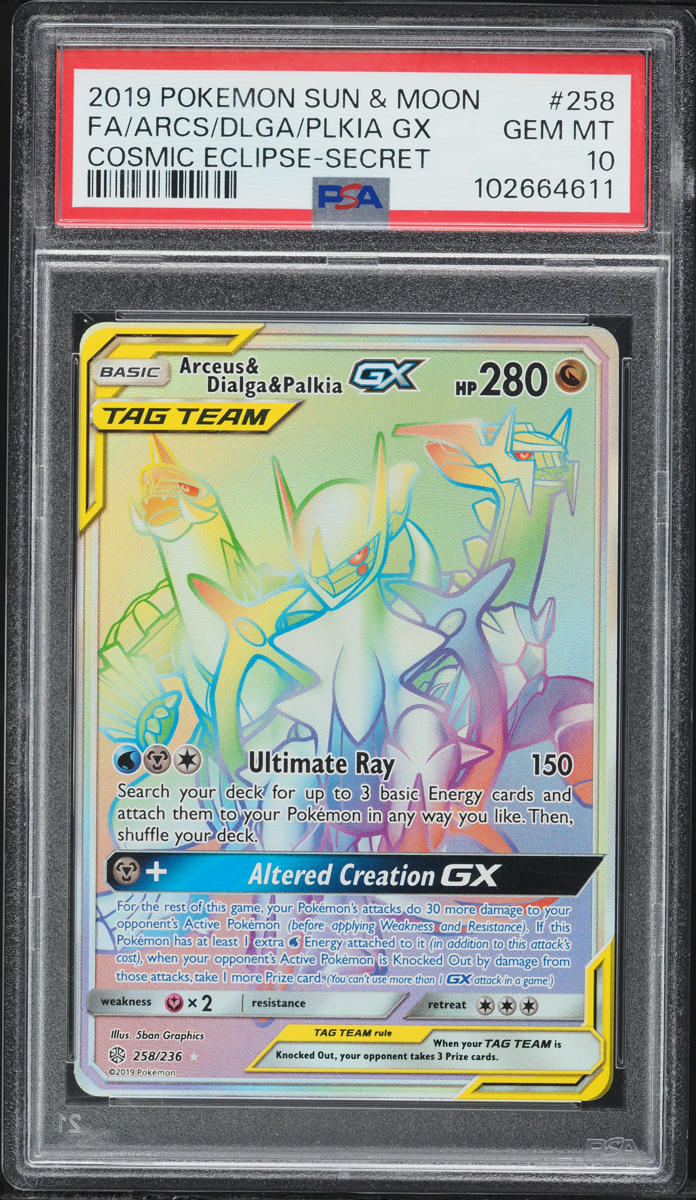 2019 Pokemon Sun & Moon Cosmic Eclipse Rainbow Rare Arceus Dialga Palkia Gx #258 PSA 10 GEM