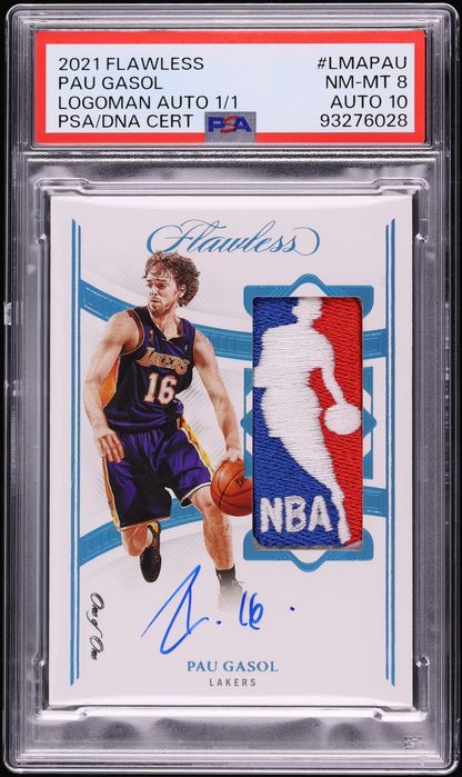 2021 Panini Flawless Pau Gasol NBA LOGOMAN PATCH AUTO DNA 10 1/1 #LMA-PAU PSA 8 NM-MT