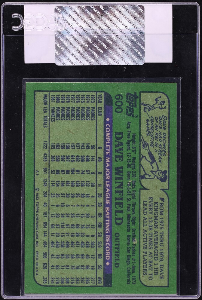1982 Topps Dave Winfield #600 CGC AUTH
