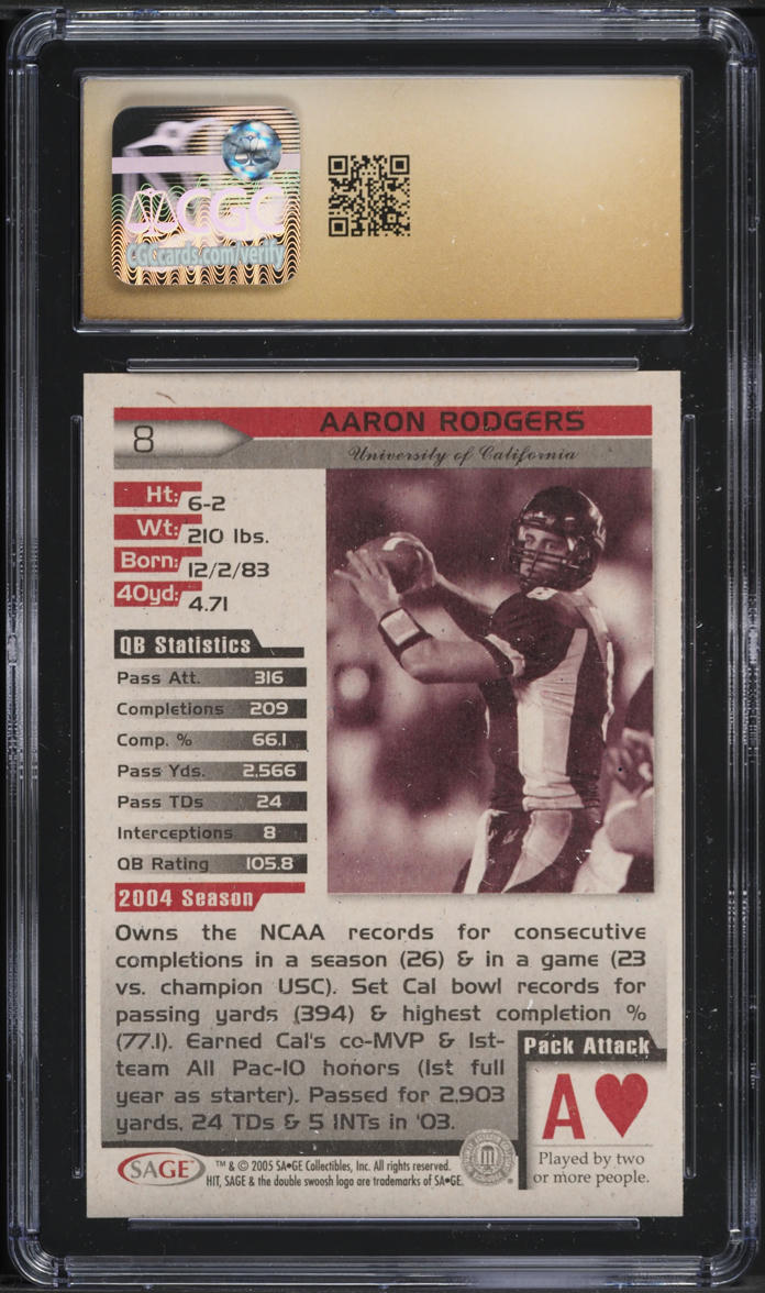 2005 Sage Hit Aaron Rodgers ROOKIE #8 CGC 10 PRISTINE