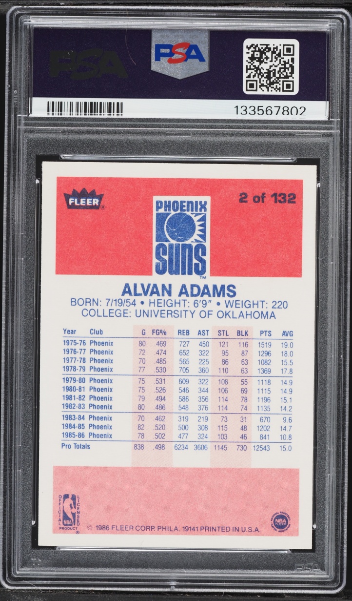 1986 Fleer Basketball Alvan Adams #2 PSA 10 GEM MINT