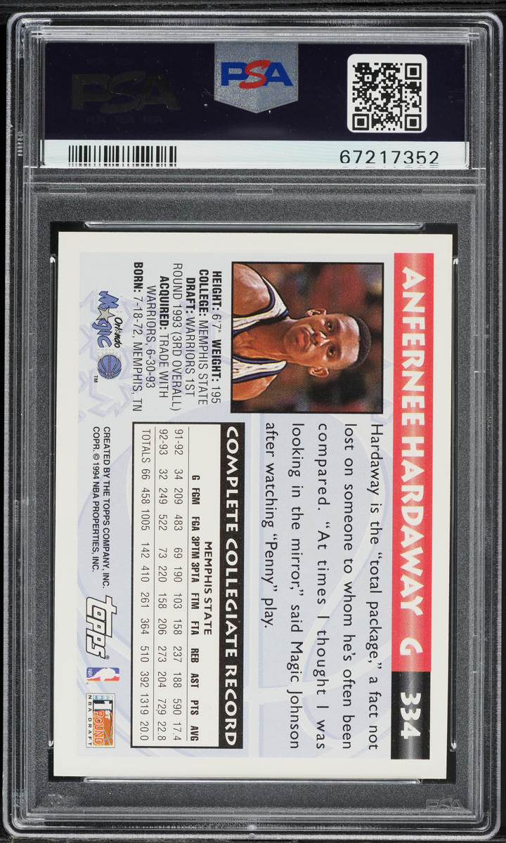 1993 Topps Gold Anfernee Hardaway ROOKIE #334 PSA 10 GEM MINT