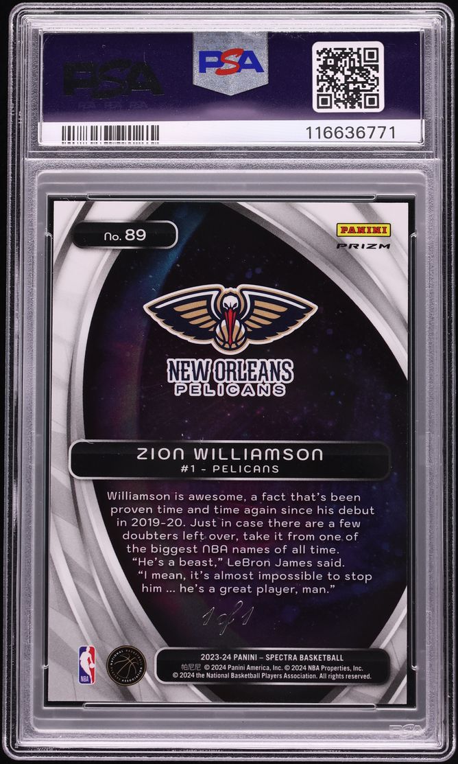 2023 Panini Spectra Titan Gold Vinyl Zion Williamson 1/1 #89 PSA 10 GEM MINT - Photo 2