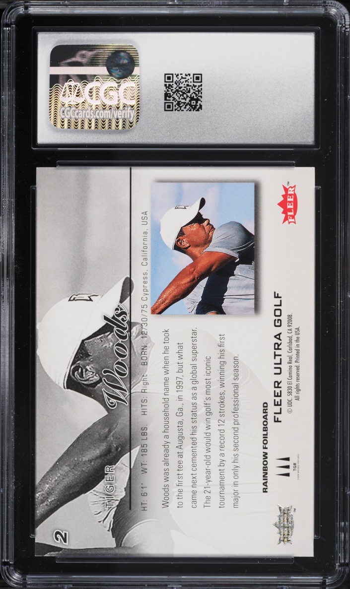 2023 Fleer Ultra Achievements Rainbow Foilboard Tiger Woods #2 CGC 8.5 NM-MT+