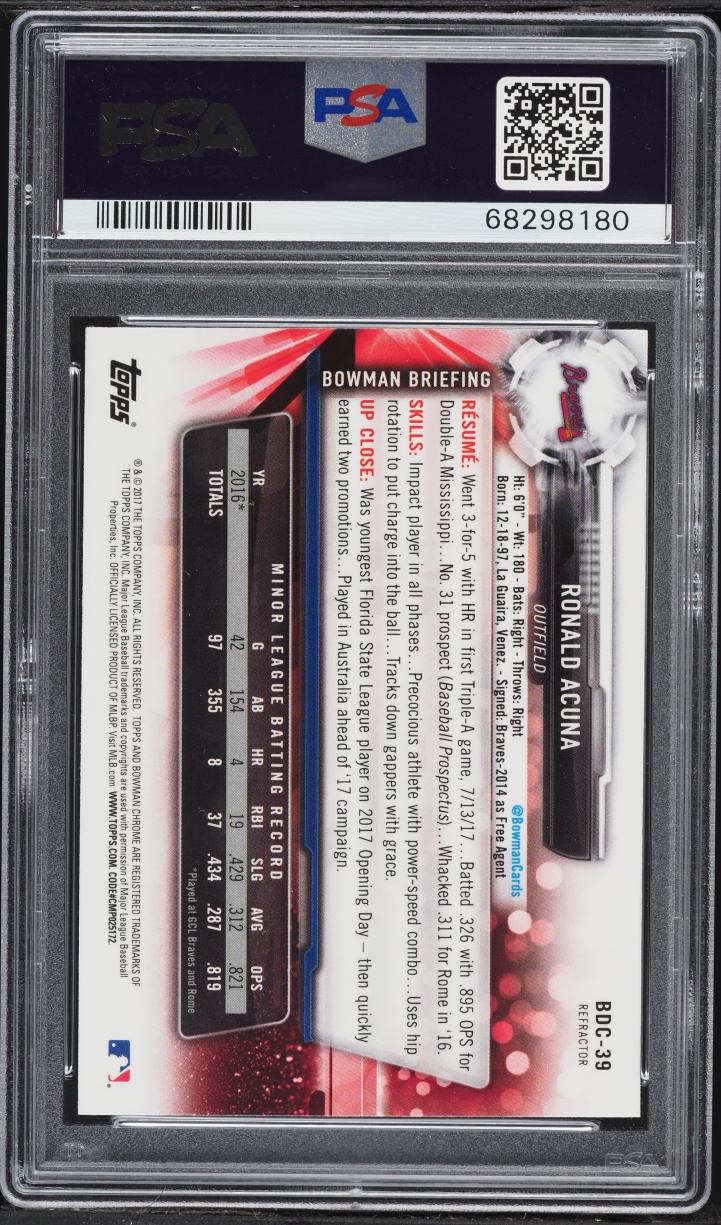 2017 Bowman Chrome Draft Refractor Ronald Acuna PROSPECT #BDC-39 PSA 10 GEM MINT