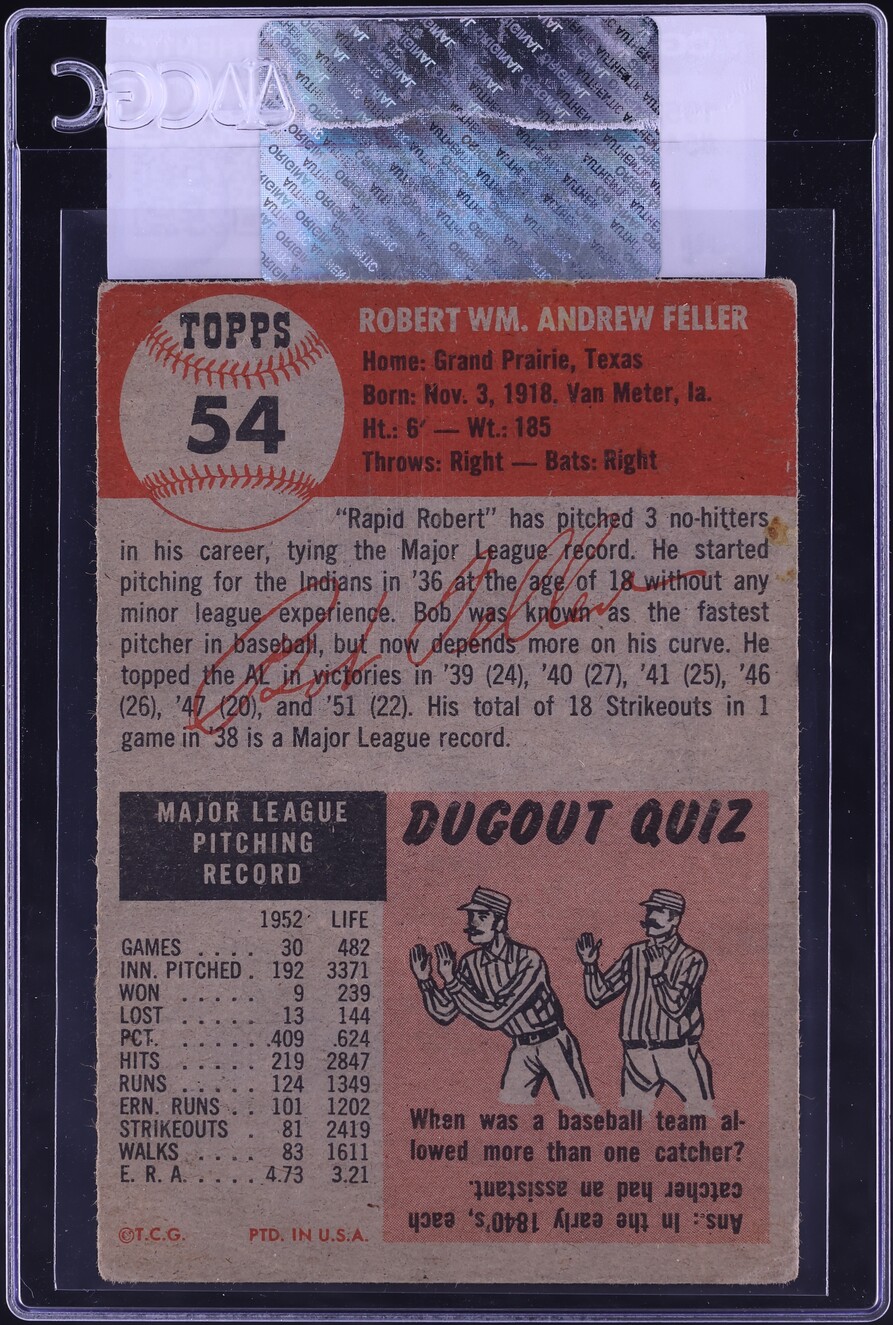 1953 Topps Bob Feller #54 CGC AUTH