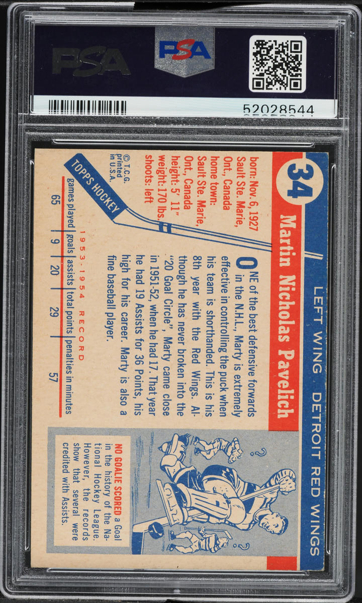 1954 Topps Hockey Marty Pavelich #34 PSA 6 EXMT