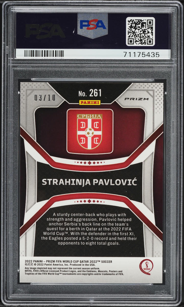2022 Panini Prizm World Cup Qatar Gold Strahinja Pavlovic ROOKIE /10 #261 PSA 9 MINT