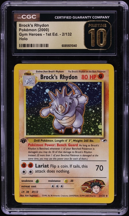 2000 Pokemon Gym Heroes 1st Edition Holo Brock's Rhydon #2 CGC 10 PRISTINE - Photo 1