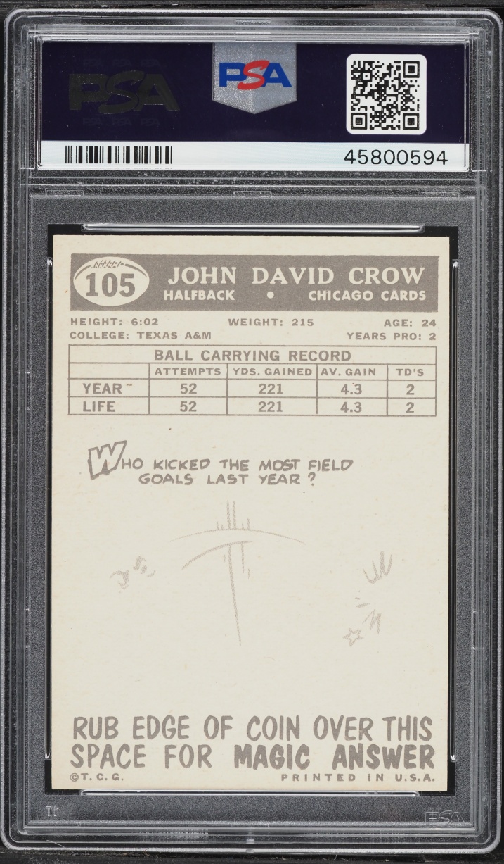 1959 Topps Football Johnny Crow ROOKIE #105 PSA 8 NM-MT