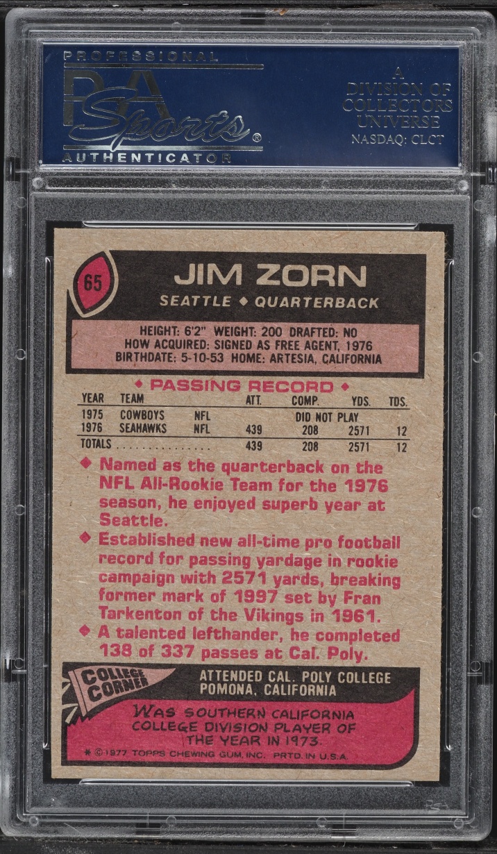1977 Topps Football Jim Zorn ROOKIE #65 PSA 8 NM-MT