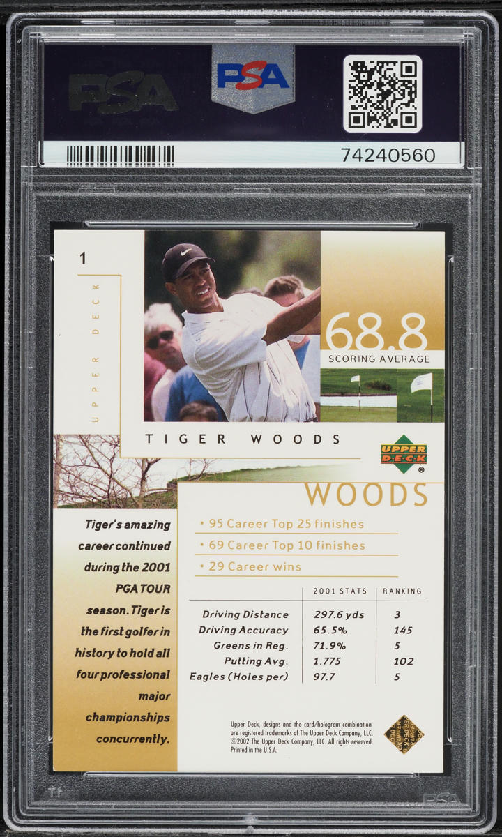 2002 Upper Deck Golf Gold Tiger Woods /100 #1 PSA 7 NRMT