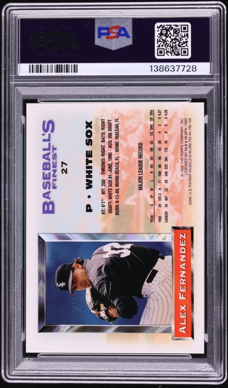 1993 Finest Refractor Alex Fernandez #27 PSA 8 NM-MT - Photo 2