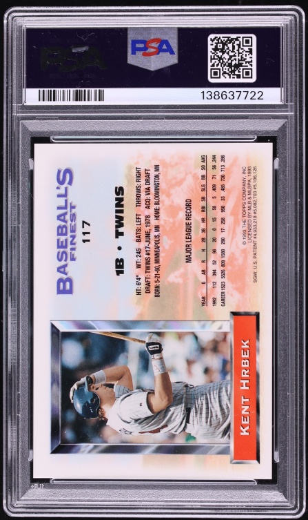 1993 Finest Refractor Kent Hrbek #117 PSA 8 NM-MT - Photo 2