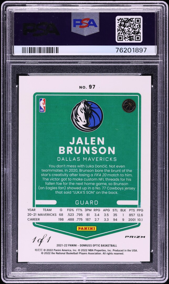 2021 Donruss Optic Fast Break Black Jalen Brunson 1/1 #97 PSA 9 MINT