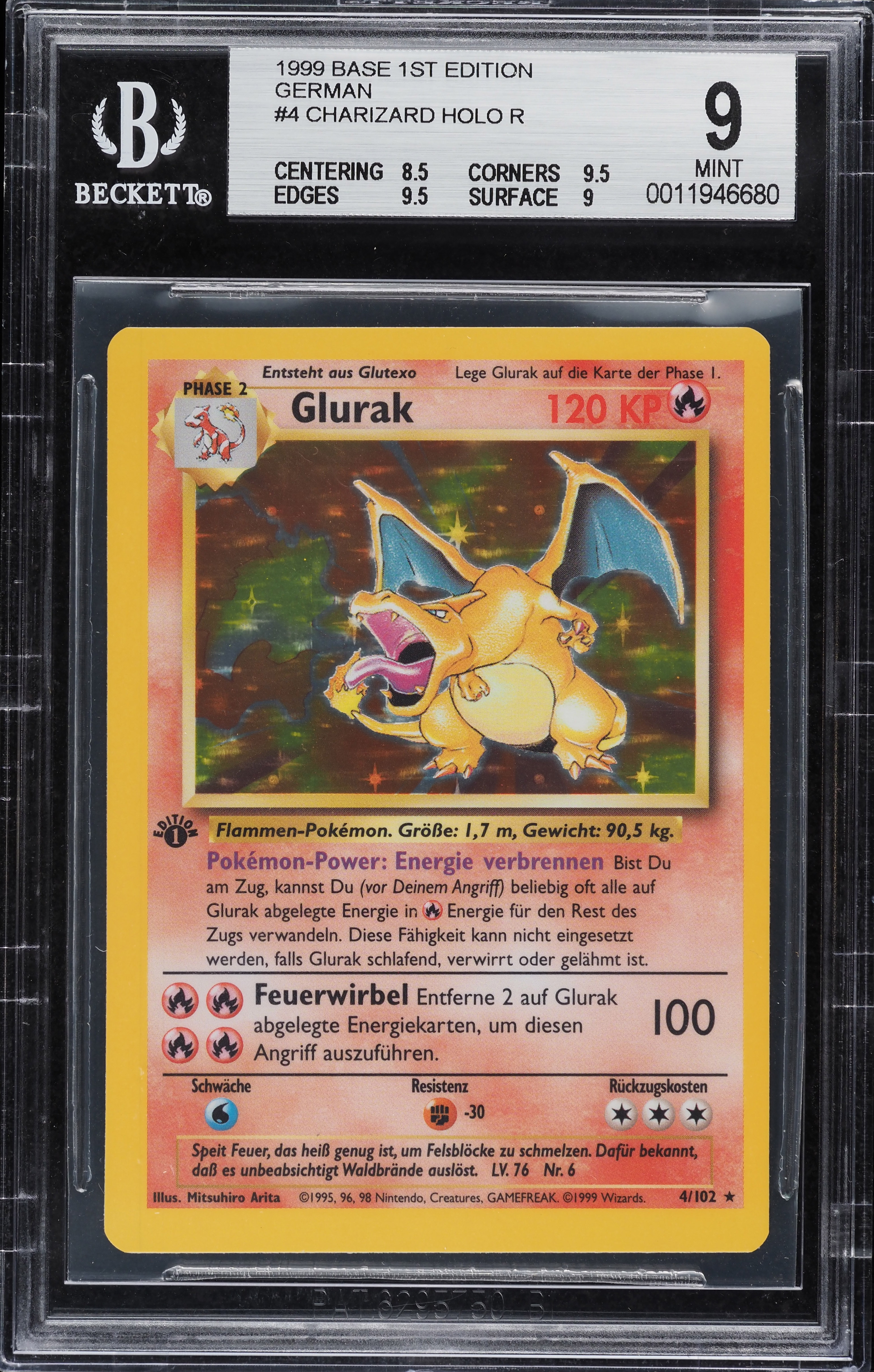 1999 Pokemon German Base Set 1st Edition Holo Charizard Glurak #4 BGS 9 MINT