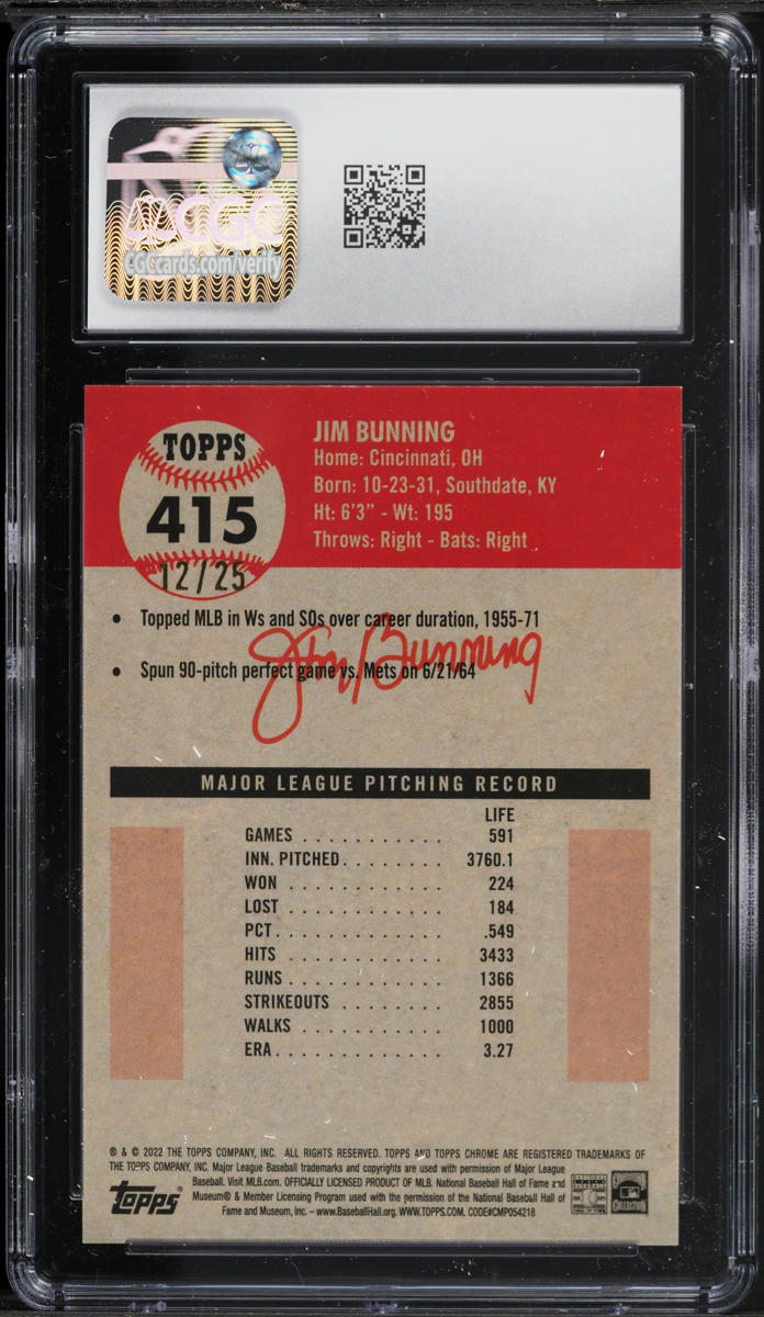 2022 Topps Chrome Platinum Anniversary Orange Refractor Jim Bunning /25 #415 CGC 10 GEM MINT