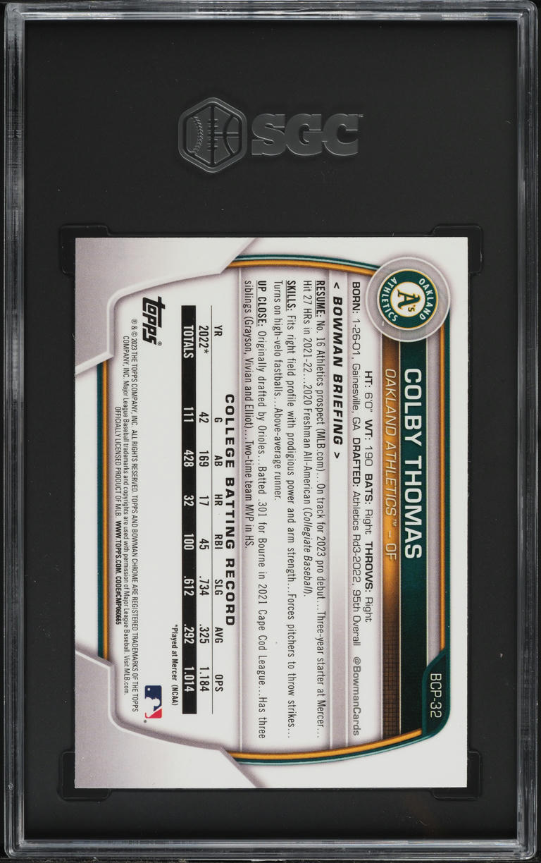 2023 Bowman Chrome Prospect Colby Thomas ROOKIE #BCP-32 SGC 10 GEM MINT