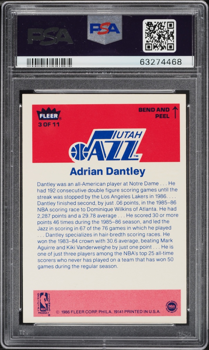 1986 Fleer Sticker Adrian Dantley #3 PSA 9 MINT