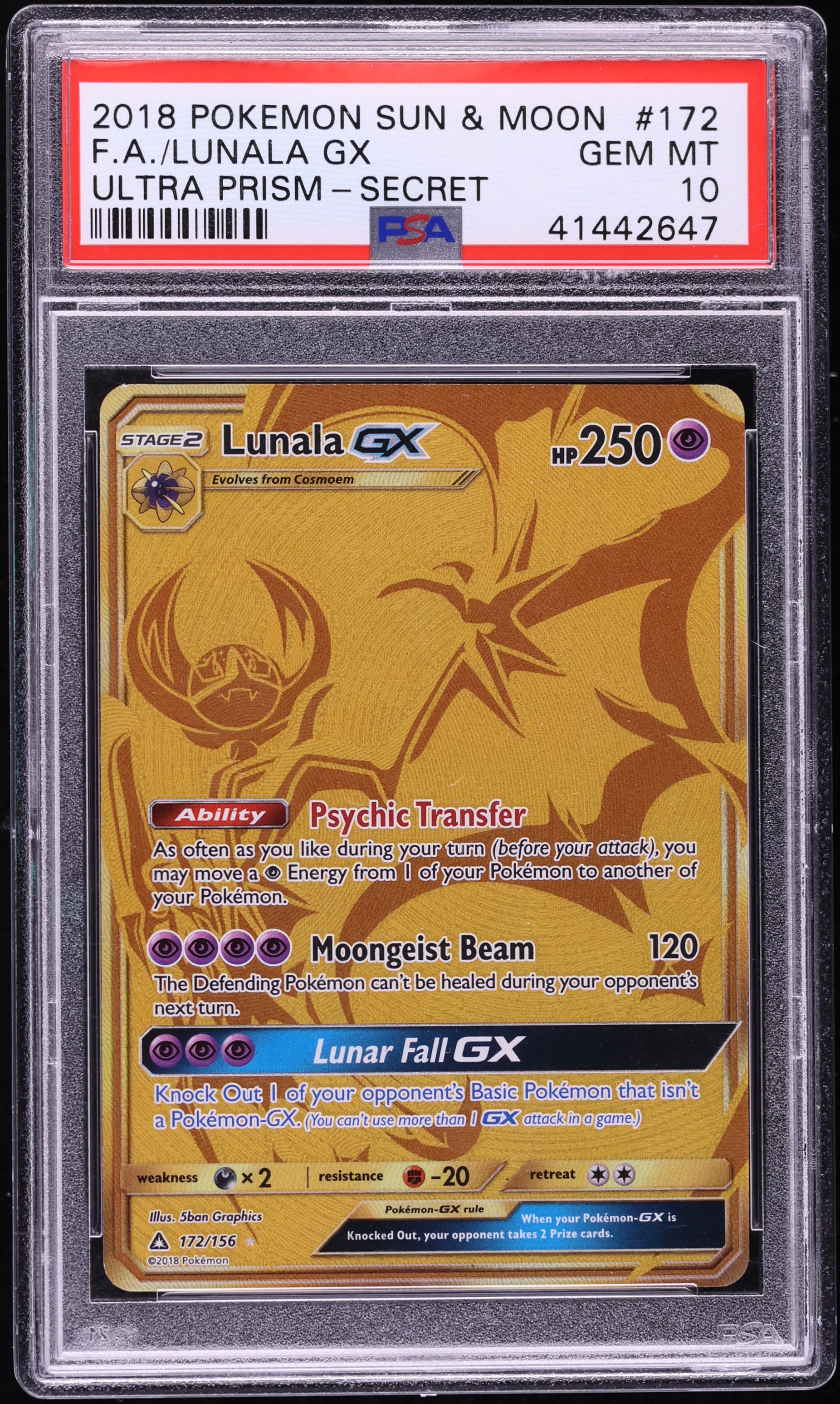 2018 Pokemon Sun & Moon Ultra Prism Gold Rare Lunala GX #172 PSA 10 GEM MINT