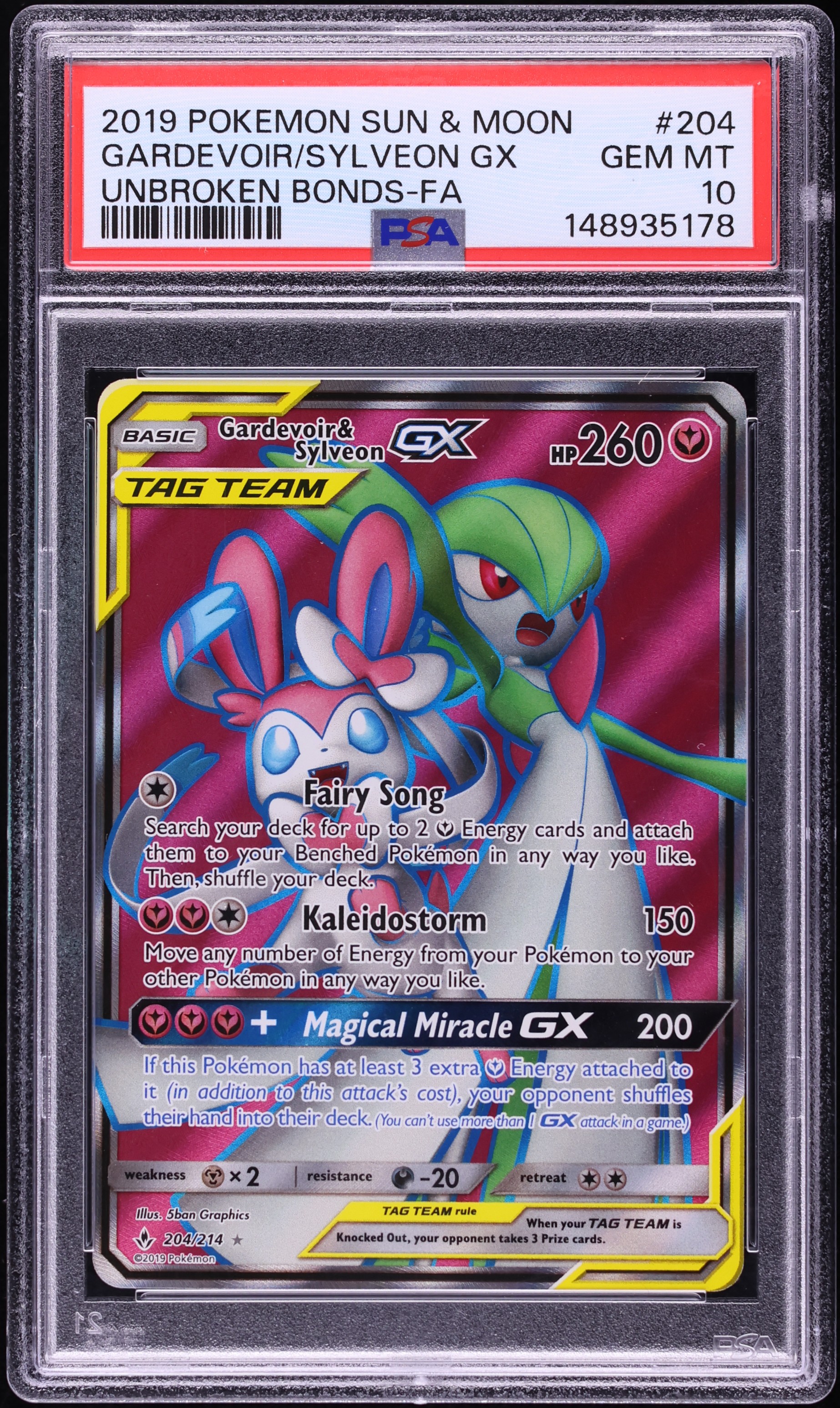 2019 Pokemon Sun & Moon Unbroken Bonds Full Art Gardevoir & Sylveon GX #204 PSA 10 GEM MINT