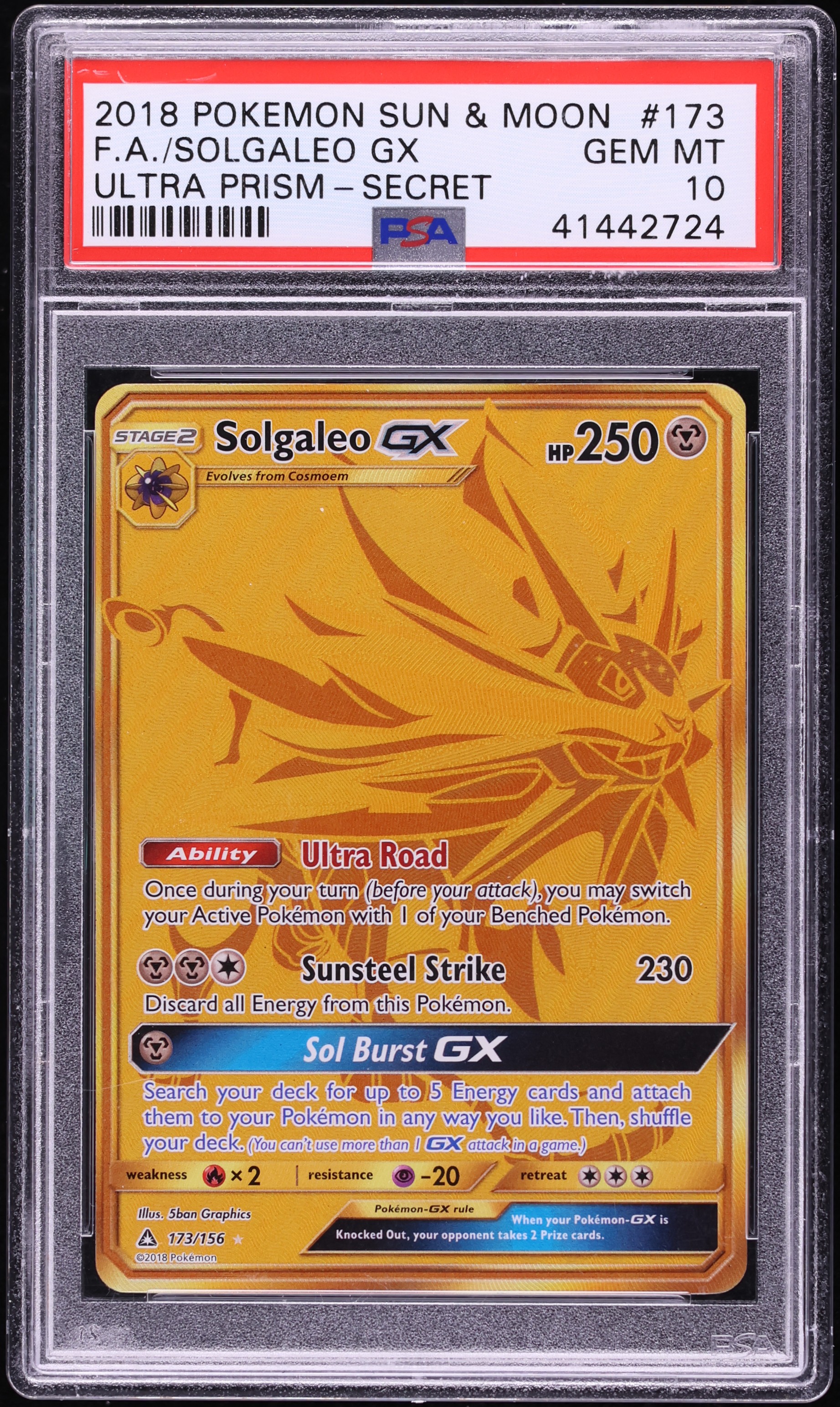 2018 Pokemon Sun & Moon Ultra Prism Gold Rare Solgaleo GX #173 PSA 10 GEM MINT