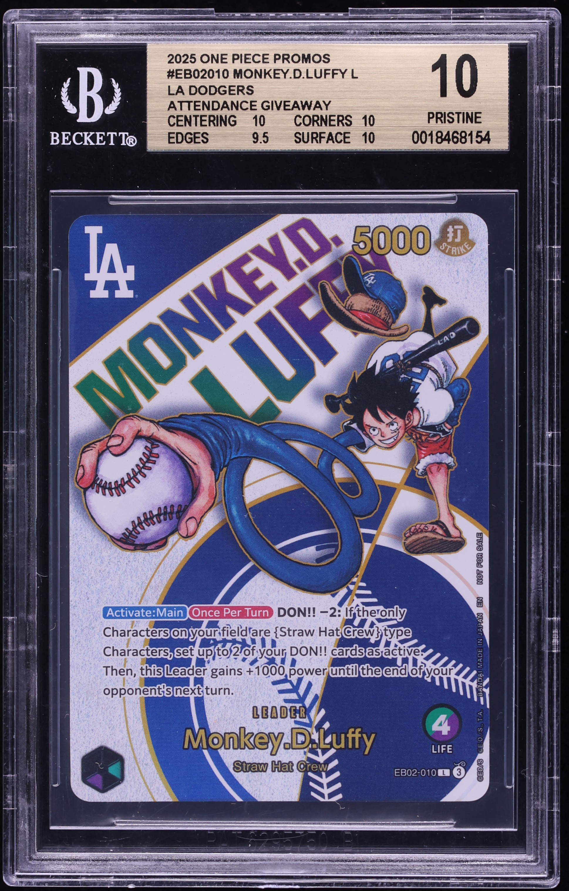 2025 One Piece Promo Dodgers X Night Alt Art Leader Monkey D. Luffy #EB02-010 BGS 10 PRISTINE