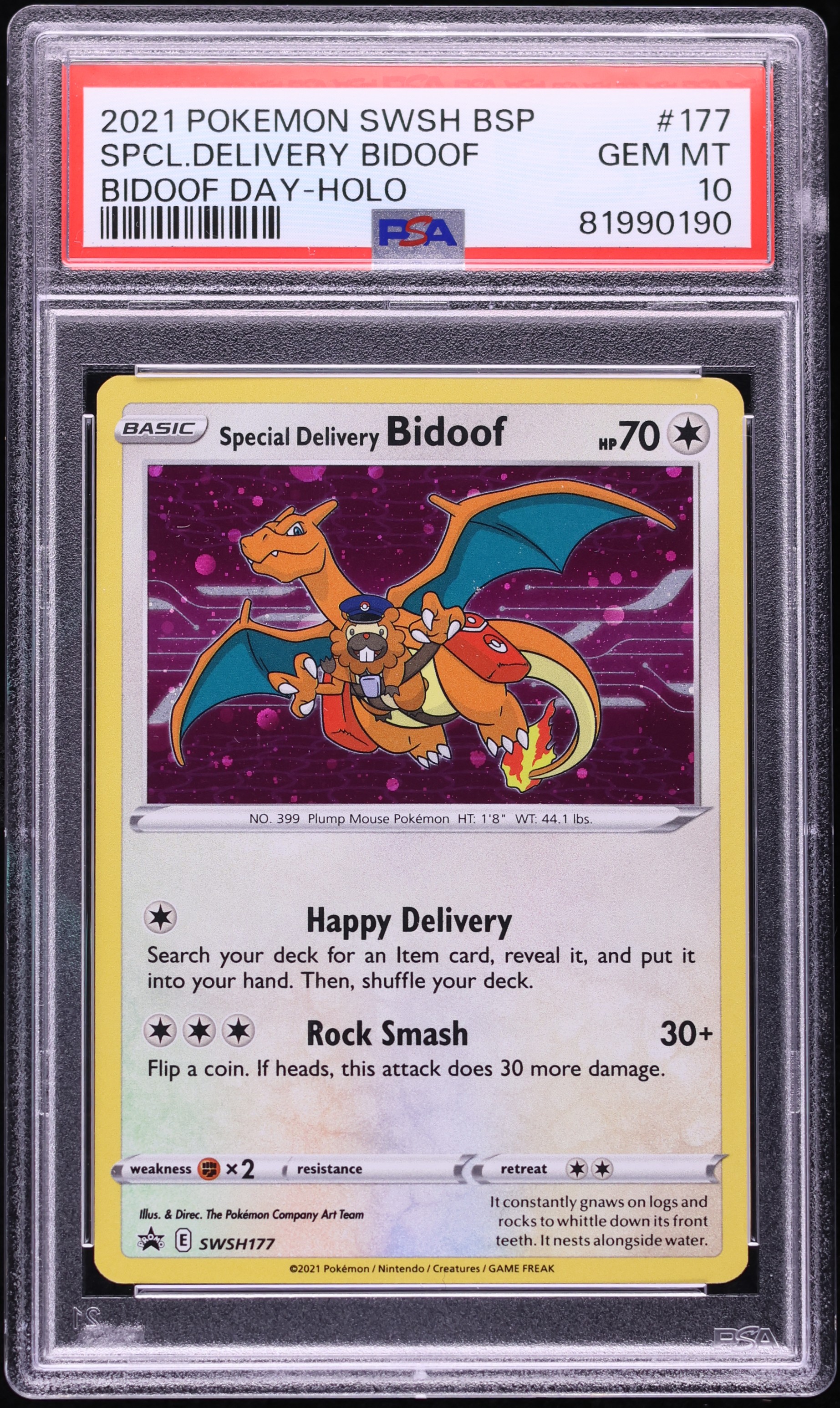 2021 Pokemon Sword & Shield Promo Bidoof Day Holo Special Delivery Bidoof #SWSH177 PSA 10 GEM