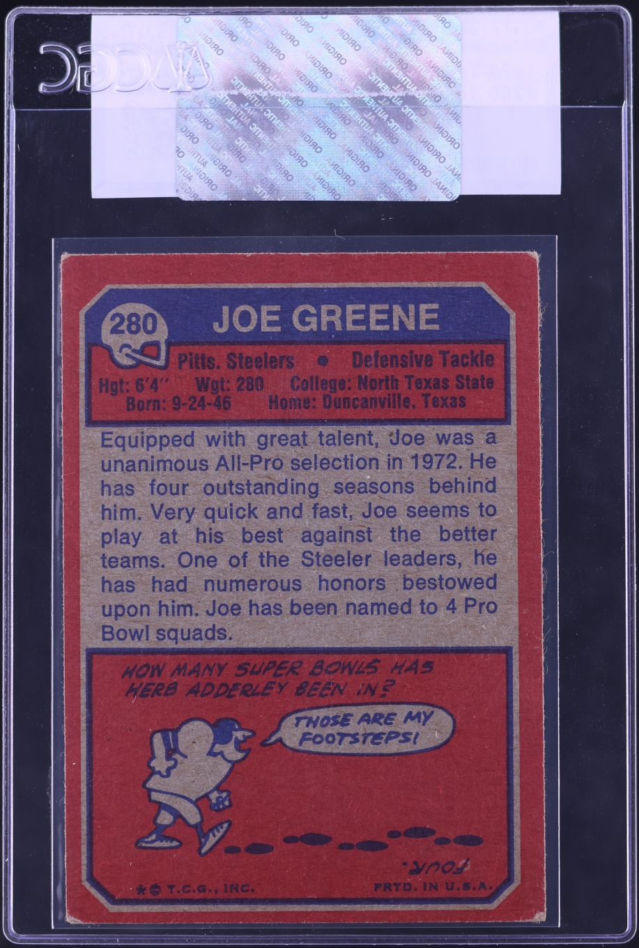 1973 Topps Football Joe Greene #280 CGC AUTH