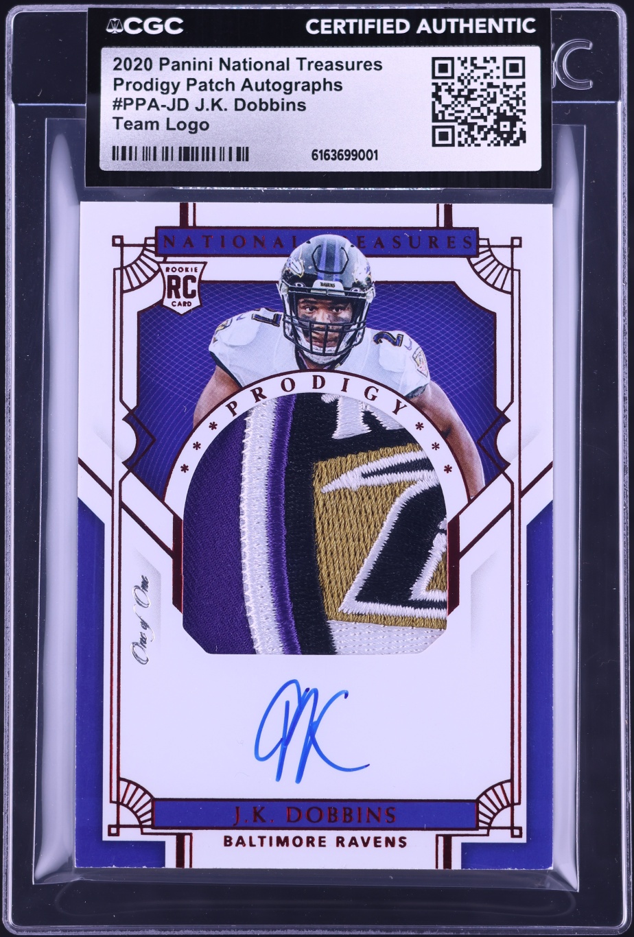2020 National Treasures Prodigy Team Logo J.K. Dobbins ROOKIE PATCH AUTO 1/1 #PPA-JD CGC AUTH