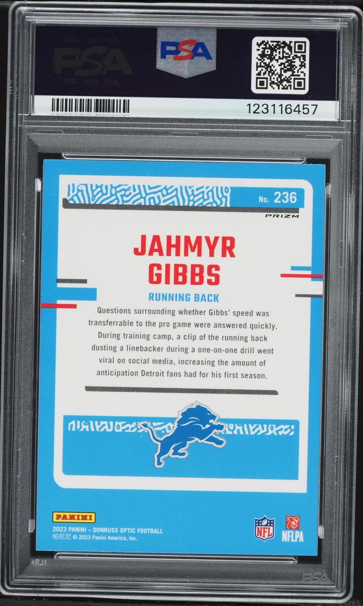 2023 Donruss Optic Blue Hyper Prizm Jahmyr Gibbs ROOKIE #236 PSA 10 GEM MINT