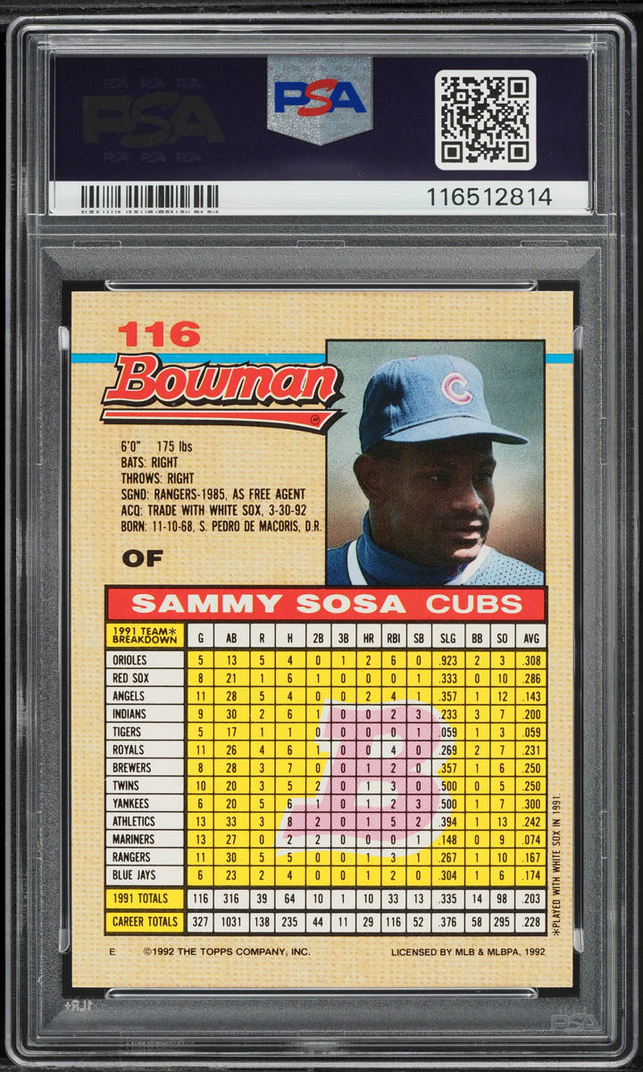 1992 Bowman Sammy Sosa #116 PSA 10 GEM MINT