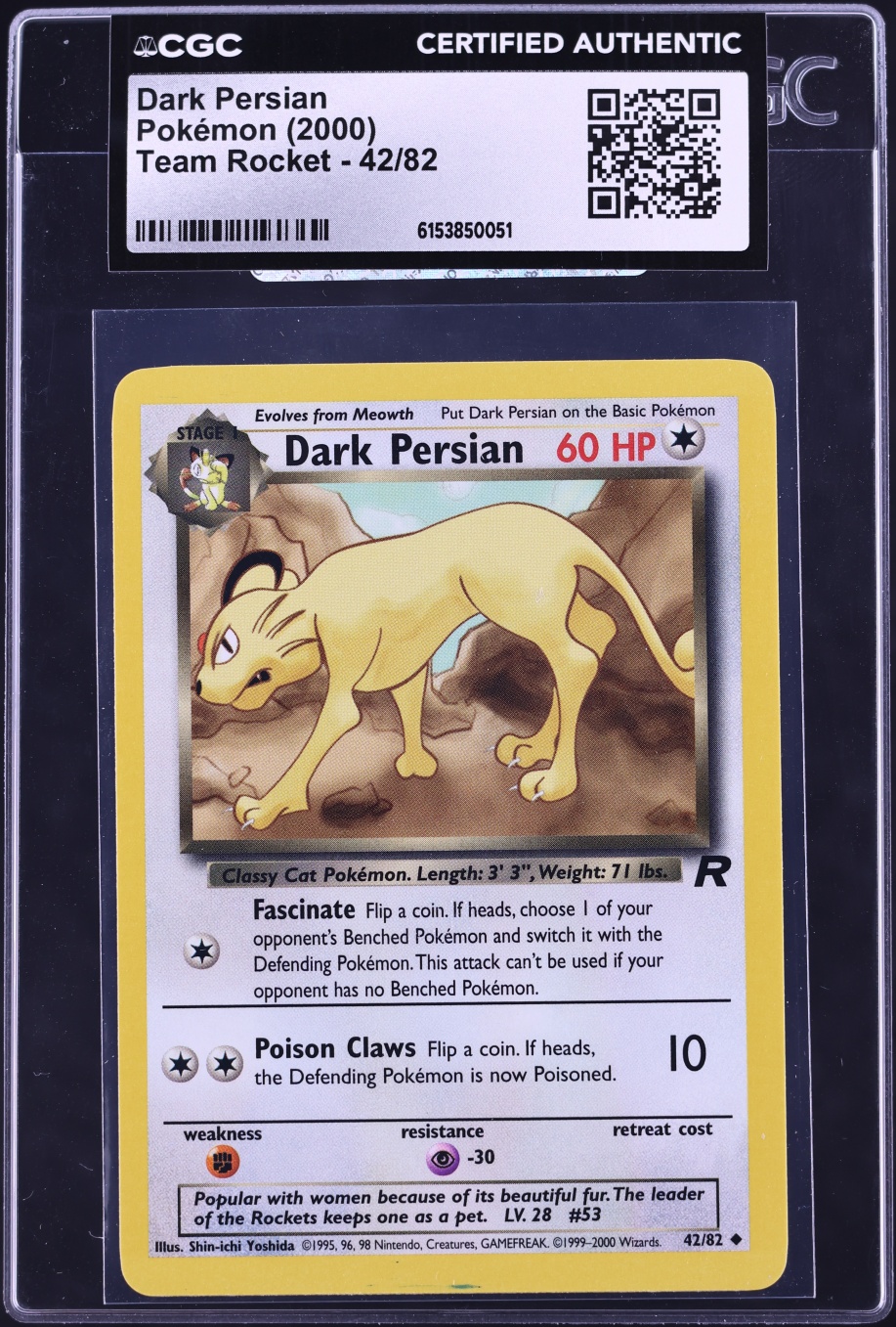 2000 Pokemon Team Rocket Dark Persian #42 CGC AUTH