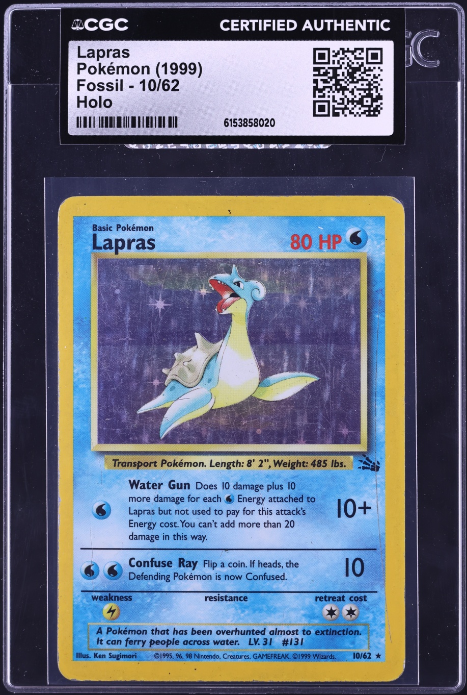 1999 Pokemon Fossil Holo Lapras #10 CGC AUTH