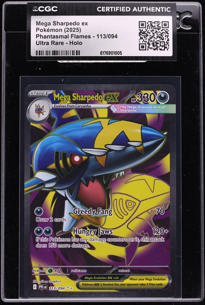 2025 Pokemon Mega Evolution Phantasmal Flames Full Art Mega Sharpedo EX #113 CGC AUTH